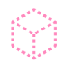 An abstract, dotted cube symbol in light pink.