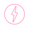 A stylized lightning symbol in a pink circular border.