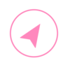 A stylized pink symbol with an arrow surrounded by a circle.