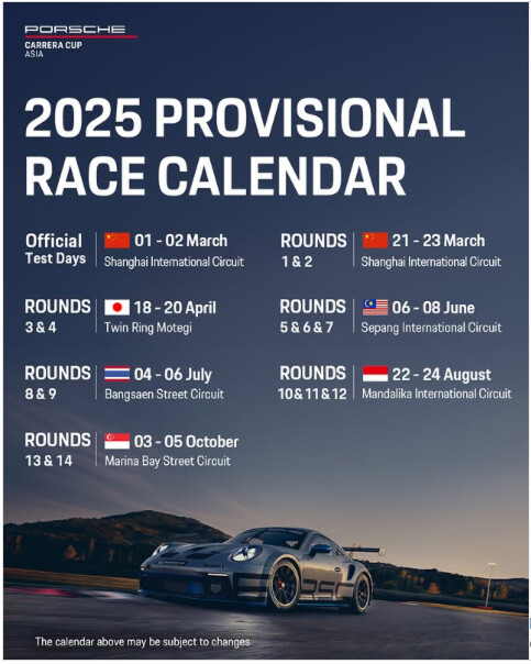A detailed schedule for the 2025 Porsche Carrera Cup, featuring official test days and race rounds at renowned circuits.