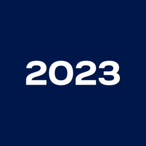 The white year "2023" is centered on a dark blue background.