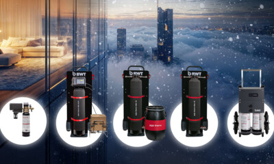 A curated selection of BWT water filtration systems displayed against a backdrop of a modern cityscape under snowfall. 