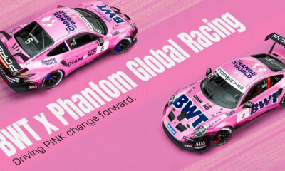 Two race cars in vibrant pink BWT livery, co-branded with Phantom Global Racing.