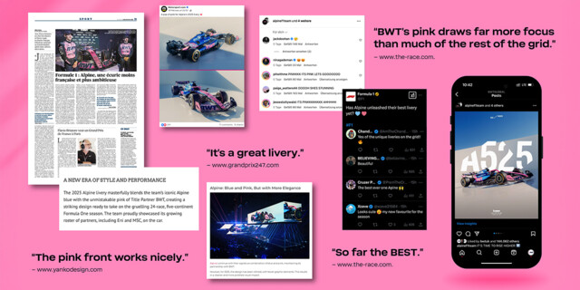 A dynamic collage displays media coverage and social media praise for BWT's striking pink racing car livery.