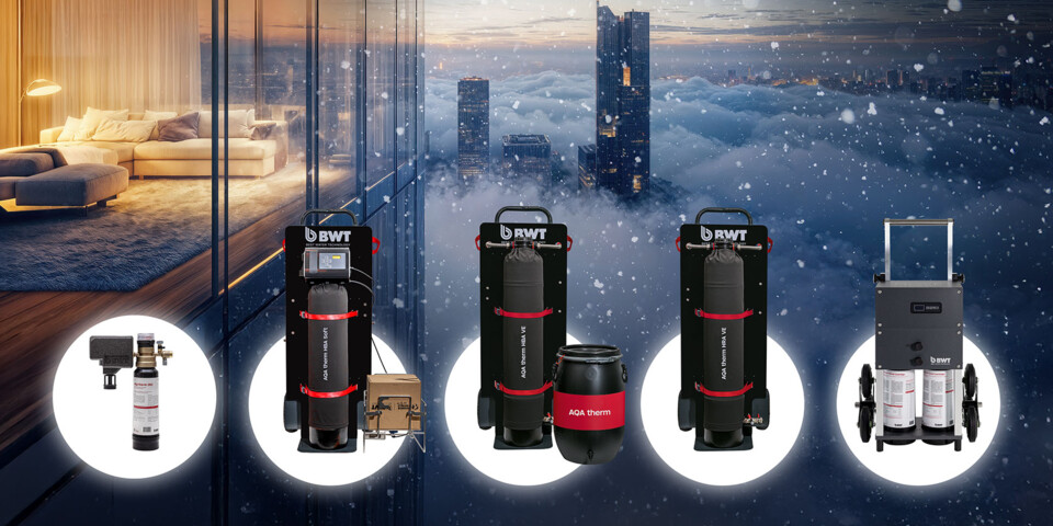 A curated selection of BWT water filtration systems displayed against a backdrop of a modern cityscape under snowfall. 