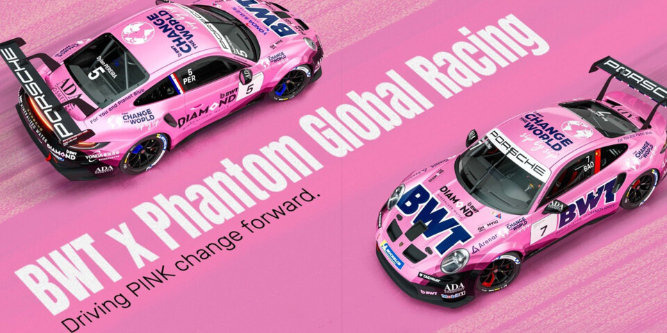 Two race cars in vibrant pink BWT livery, co-branded with Phantom Global Racing.